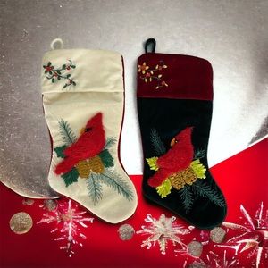 2 Christmas Stocking Red Green White 3-D Cardinal 17" Ribbon embroidery Holiday